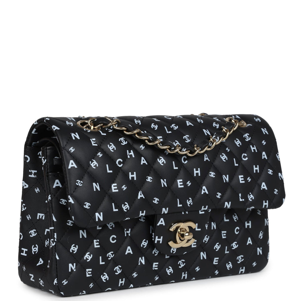 Small Classic Double Logo Printed Flap Bag Black and White Calfskin Gold Hardware