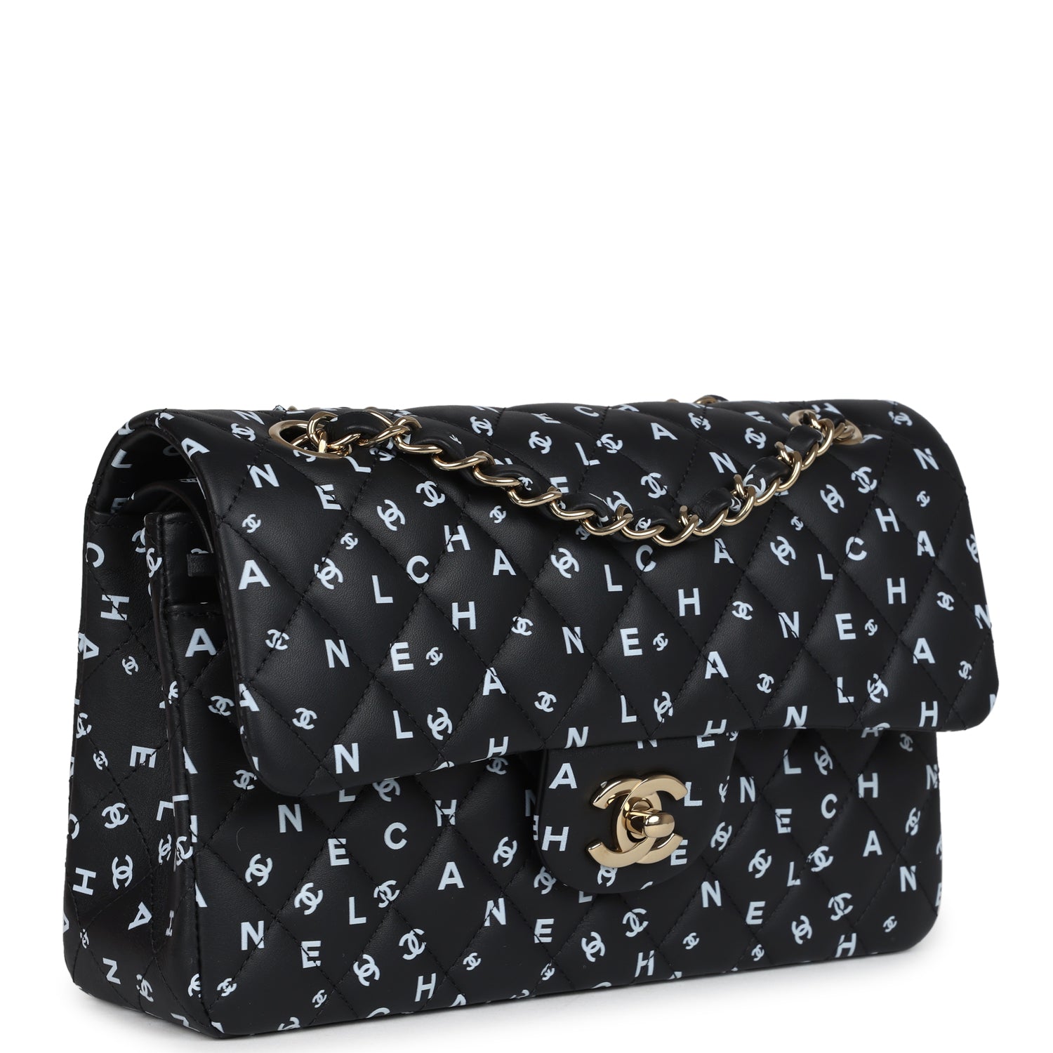 Small Classic Double Logo Printed Flap Bag Black and White Calfskin Gold Hardware