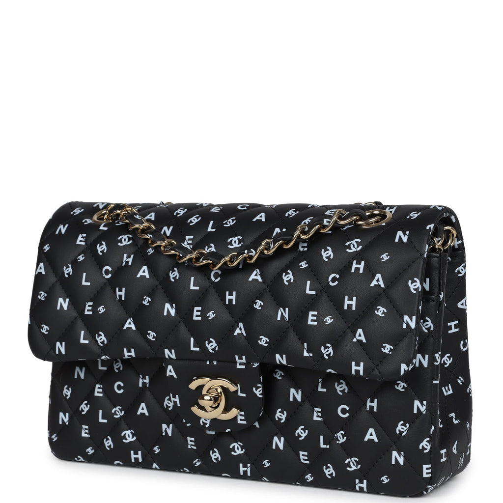 Small Classic Double Logo Printed Flap Bag Black and White Calfskin Gold Hardware