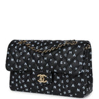 Small Classic Double Logo Printed Flap Bag Black and White Calfskin Gold Hardware