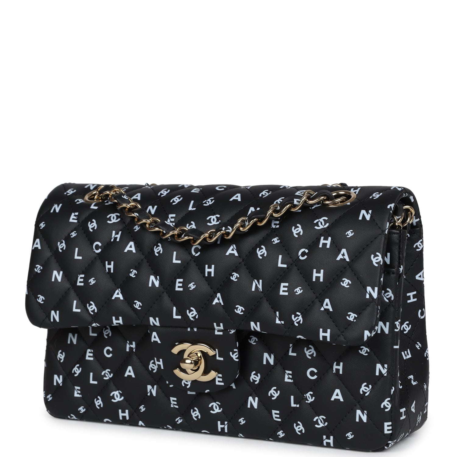 Small Classic Double Logo Printed Flap Bag Black and White Calfskin Gold Hardware