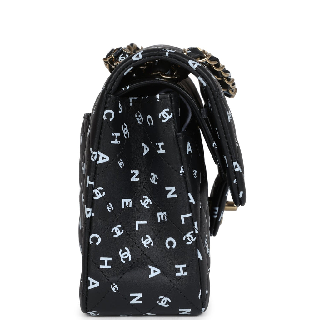 Small Classic Double Logo Printed Flap Bag Black and White Calfskin Gold Hardware