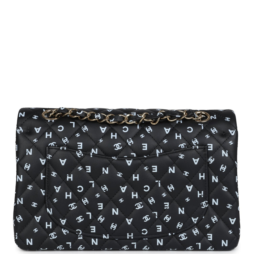 Small Classic Double Logo Printed Flap Bag Black and White Calfskin Gold Hardware