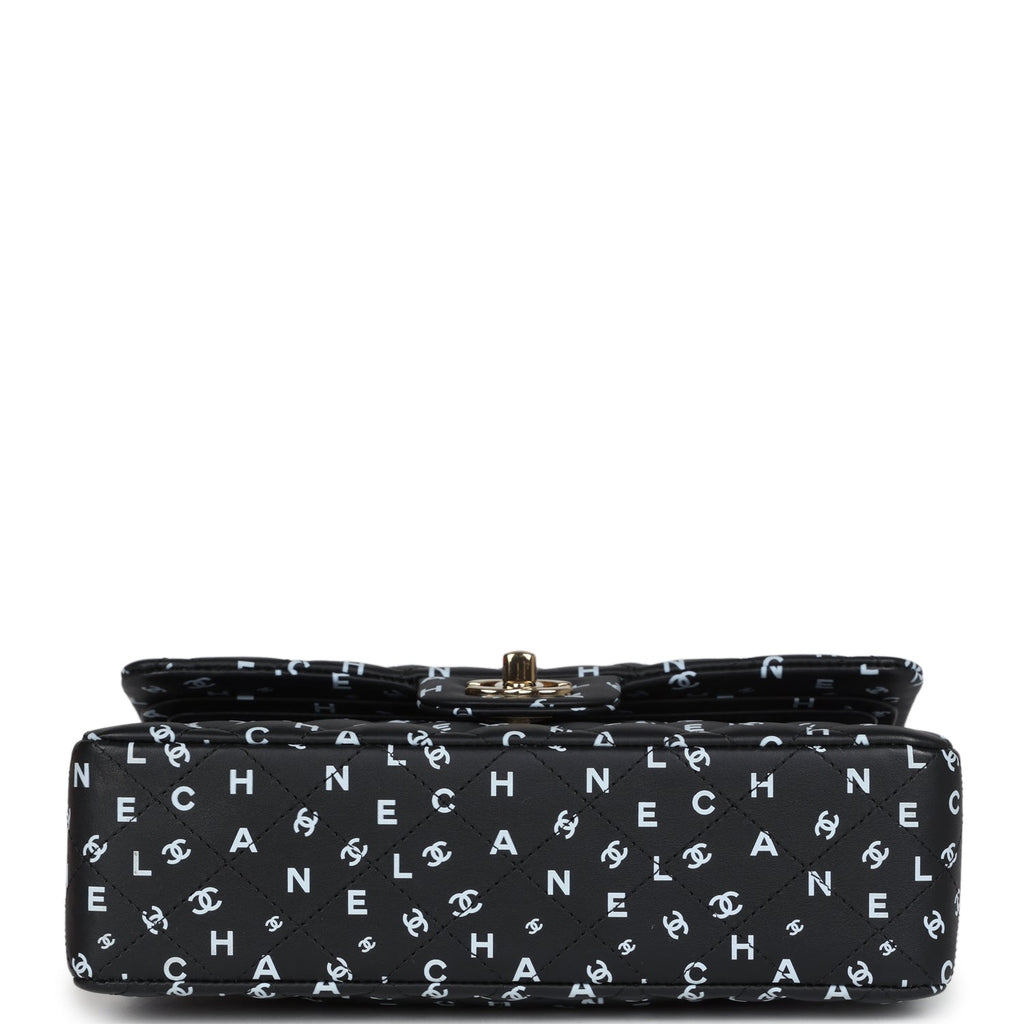 Small Classic Double Logo Printed Flap Bag Black and White Calfskin Gold Hardware
