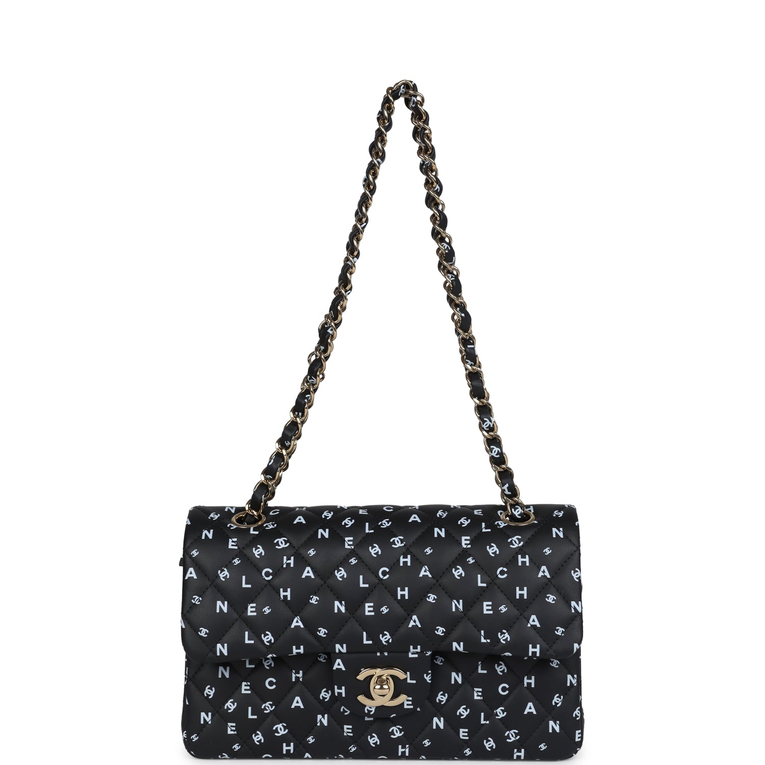 Small Classic Double Logo Printed Flap Bag Black and White Calfskin Gold Hardware
