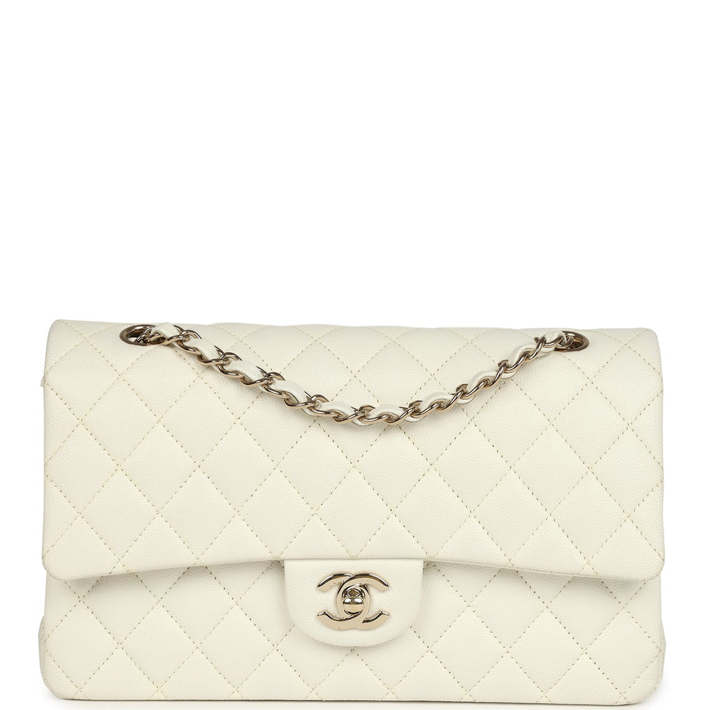 Pre-owned Medium Classic Double Flap White Caviar Light Gold Hardware
