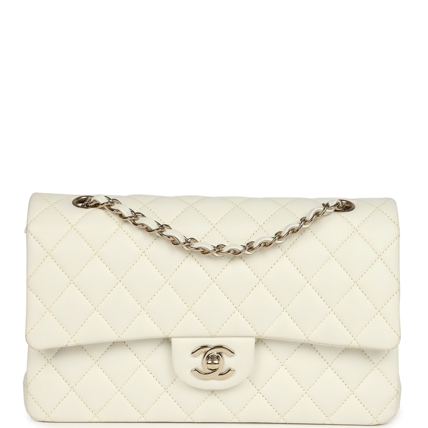 Pre-owned Medium Classic Double Flap White Caviar Light Gold Hardware