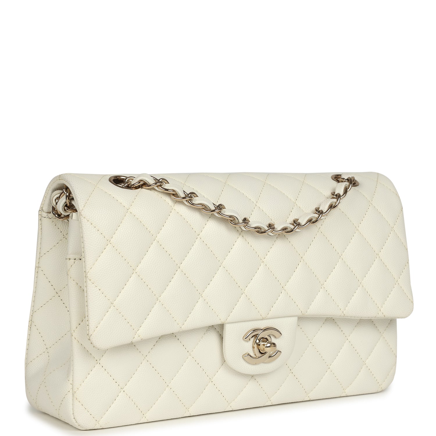 Pre-owned Medium Classic Double Flap White Caviar Light Gold Hardware