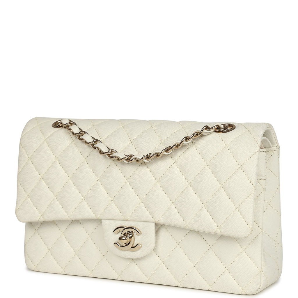 Medium Classic Double Flap White Caviar Light Gold Hardware
