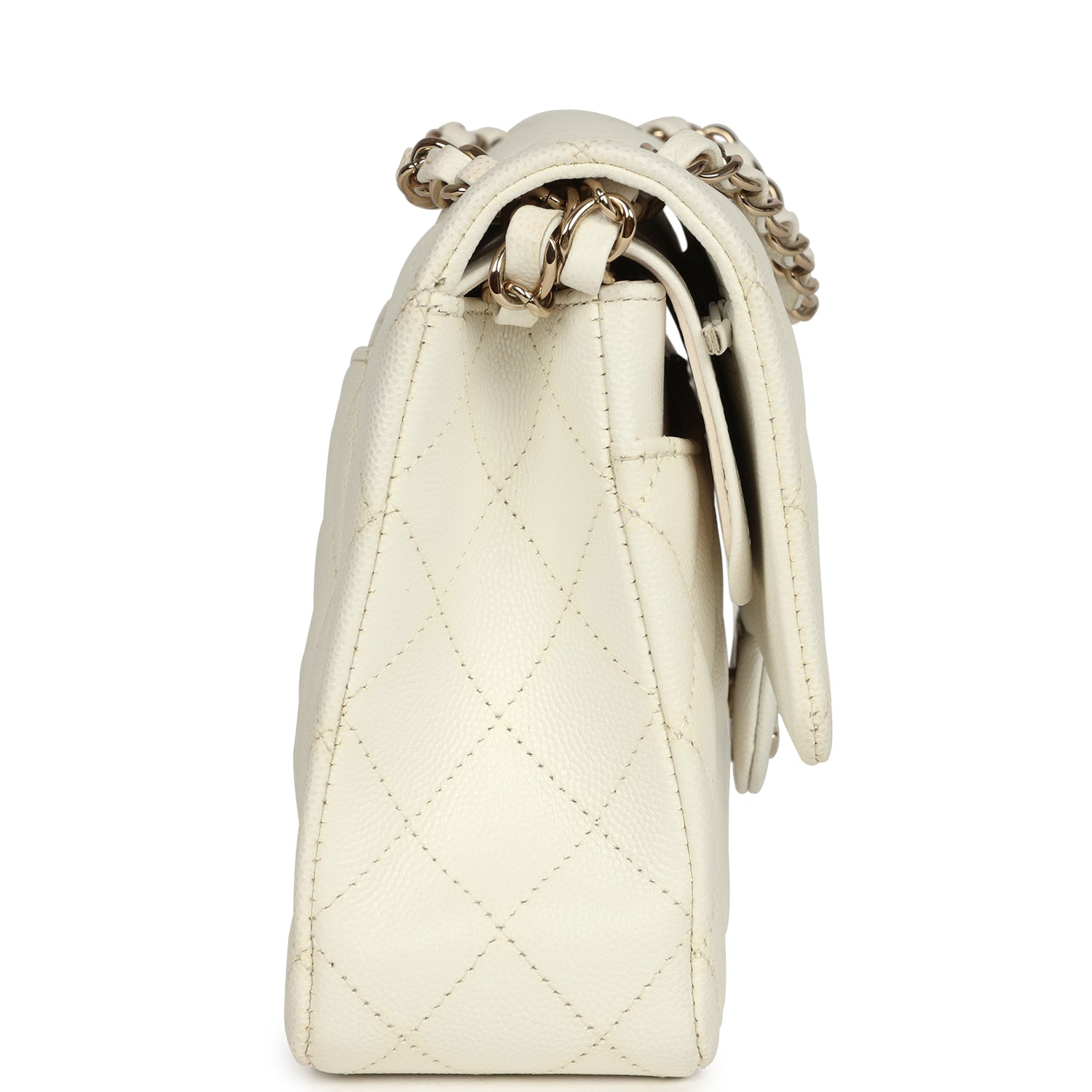 Medium Classic Double Flap White Caviar Light Gold Hardware