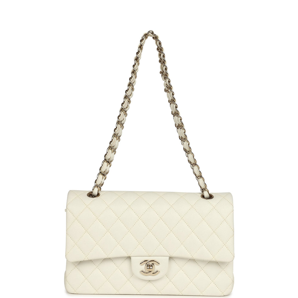 Pre-owned Medium Classic Double Flap White Caviar Light Gold Hardware