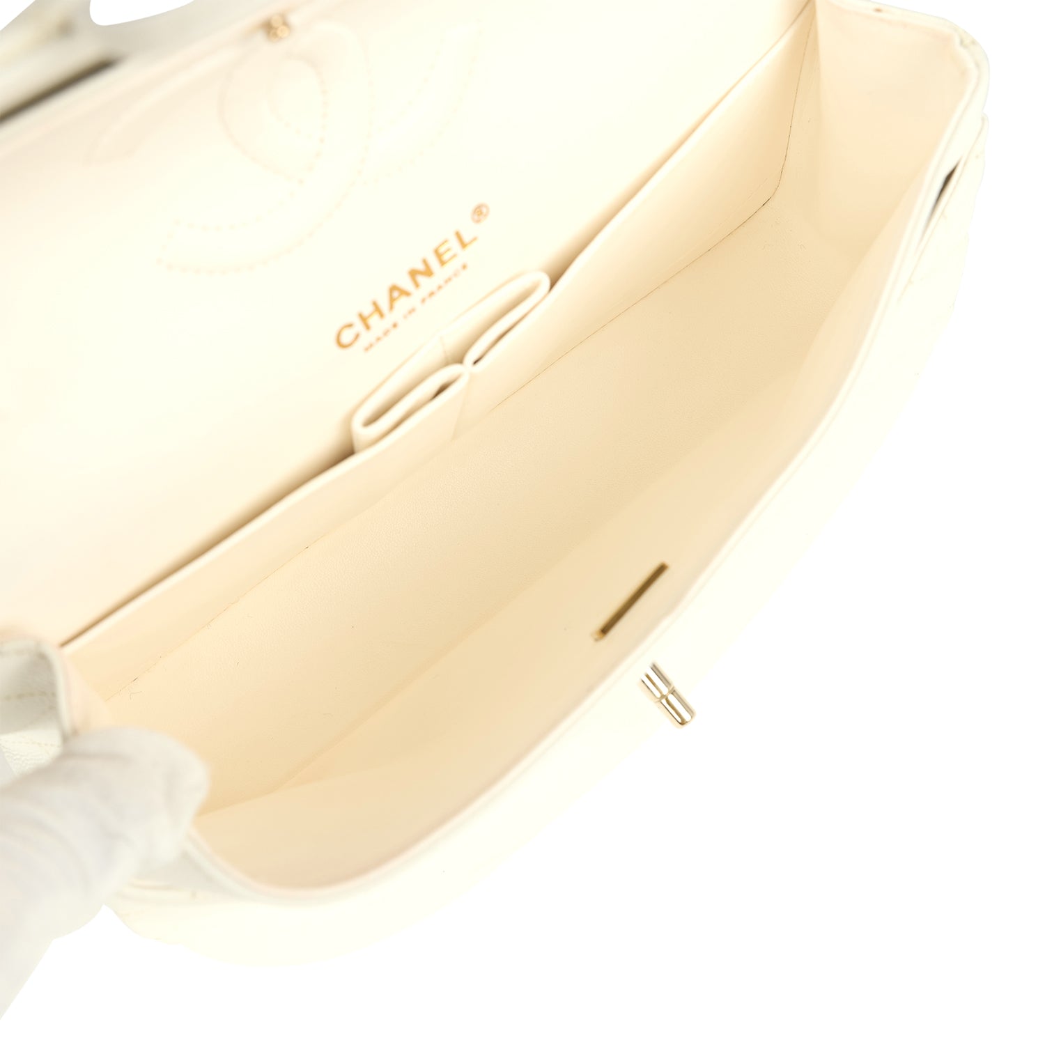 Medium Classic Double Flap White Caviar Light Gold Hardware