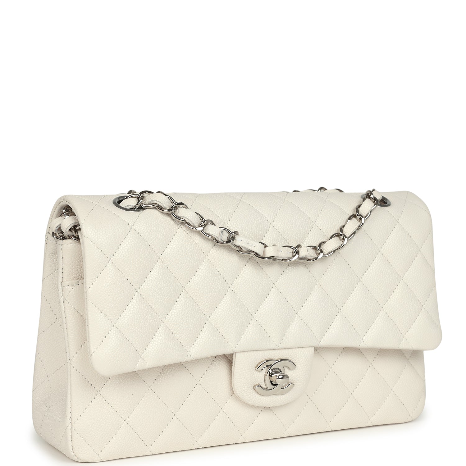 Medium Classic Double Flap White Shiny Caviar Silver Hardware