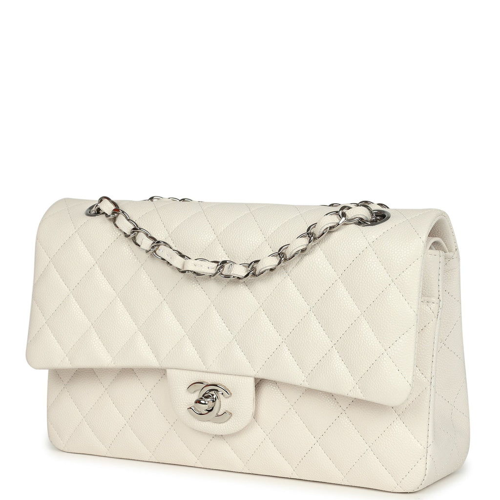 Pre-owned Medium Classic Double Flap White Shiny Caviar Silver Hardware