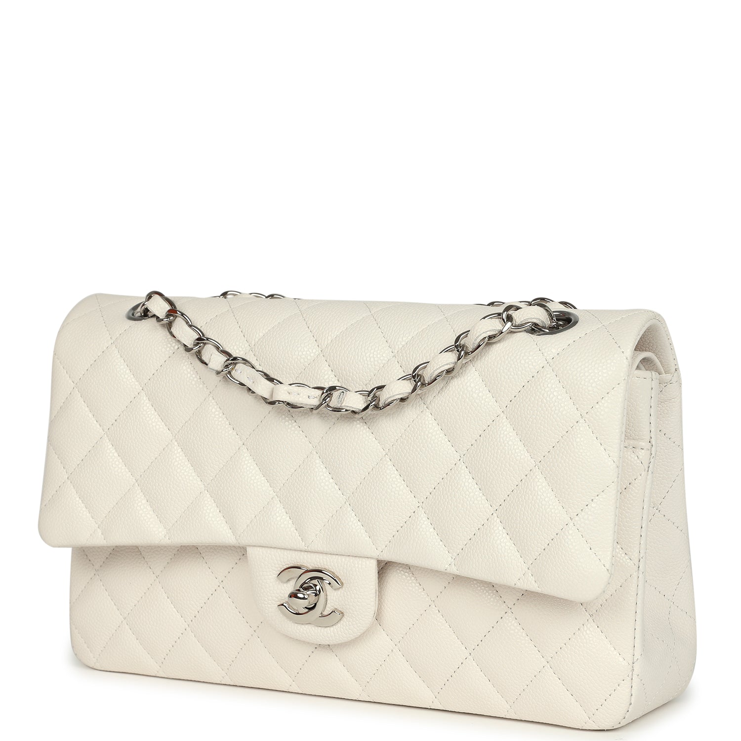 Medium Classic Double Flap White Shiny Caviar Silver Hardware