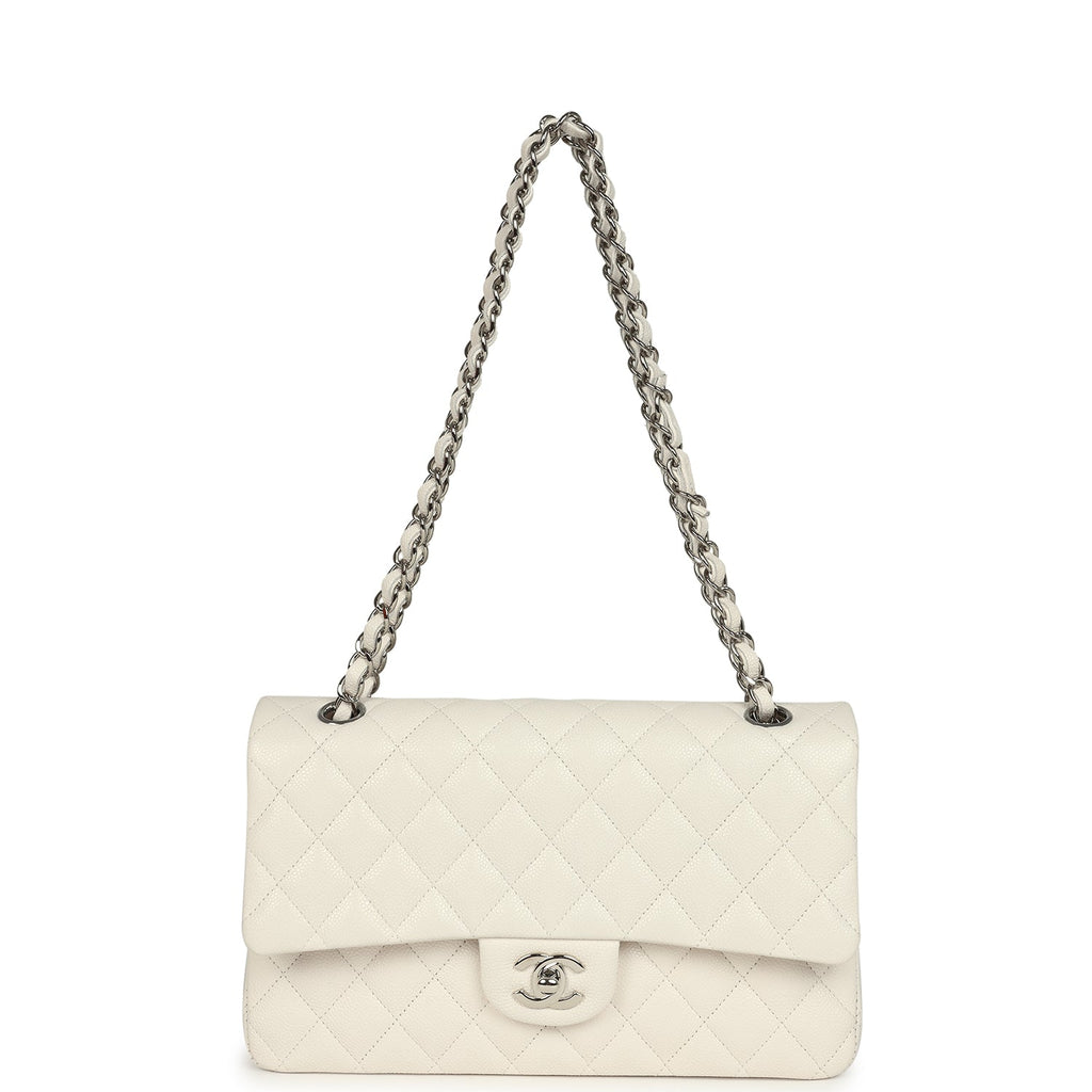 Medium Classic Double Flap White Shiny Caviar Silver Hardware