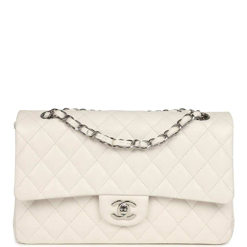 Pre-owned Medium Classic Double Flap White Shiny Caviar Silver Hardware