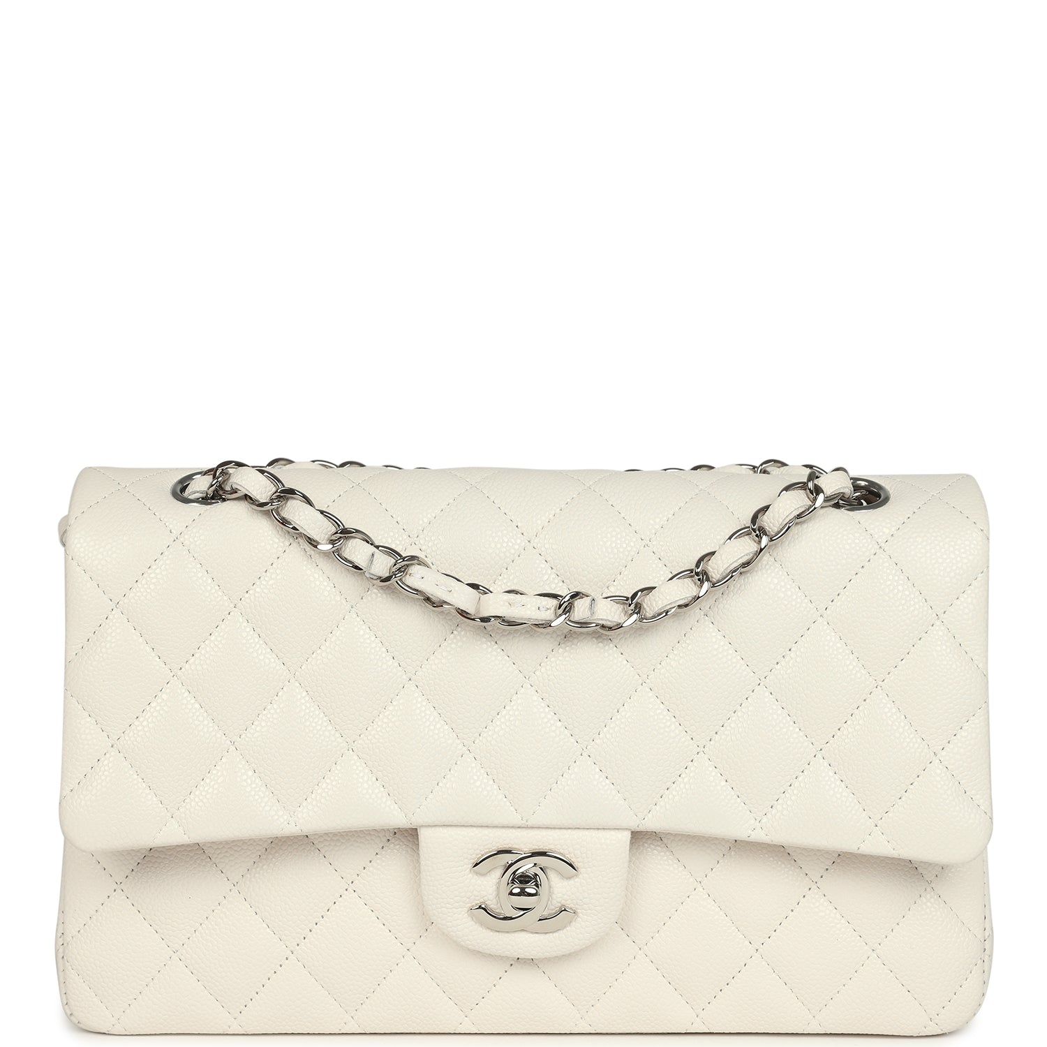 Pre-owned Medium Classic Double Flap White Shiny Caviar Silver Hardware
