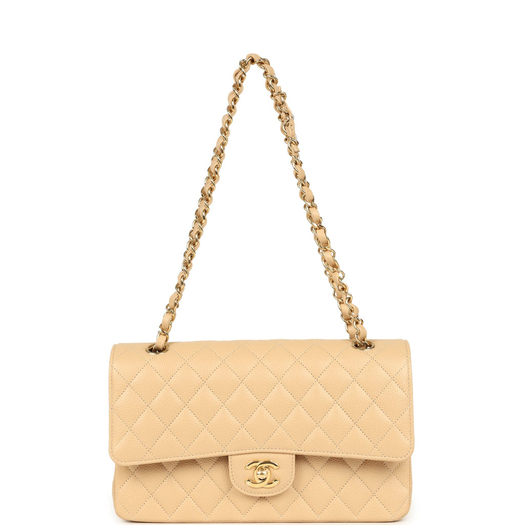 Medium Classic Double Flap Beige Clair Caviar Gold Hardware