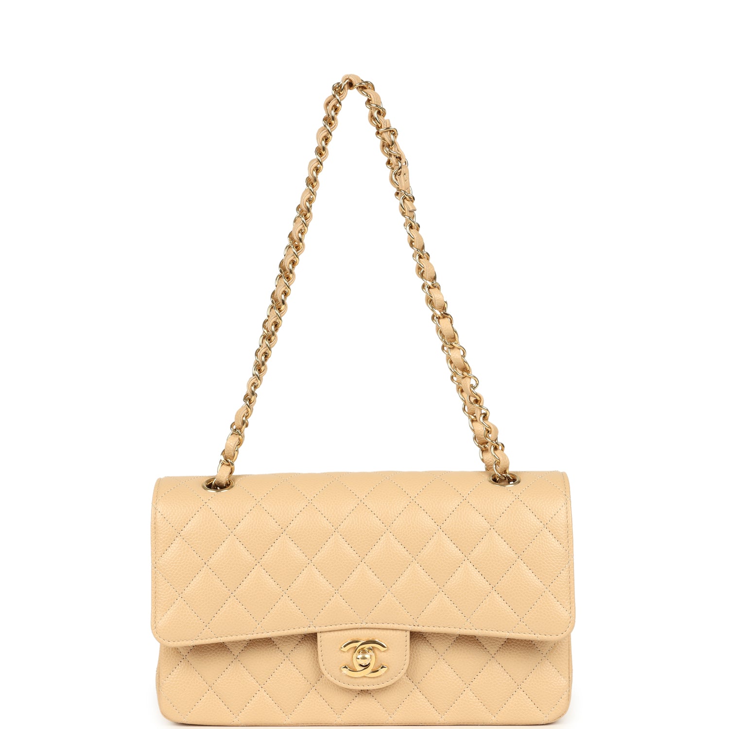 Medium Classic Double Flap Beige Clair Caviar Gold Hardware