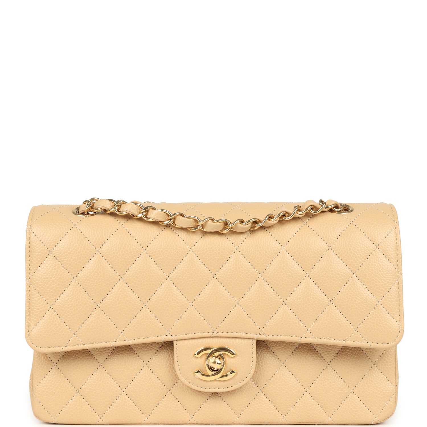 Medium Classic Double Flap Beige Clair Caviar Gold Hardware
