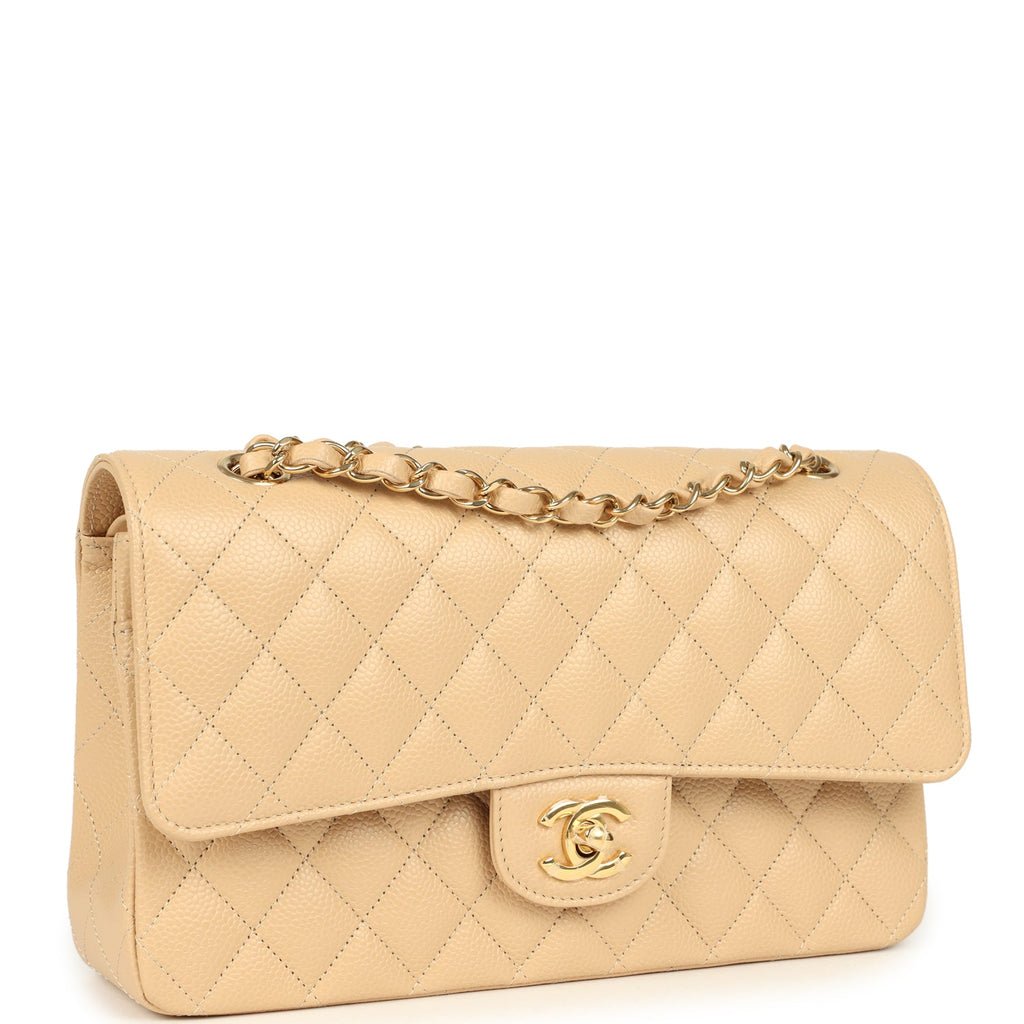Medium Classic Double Flap Beige Clair Caviar Gold Hardware