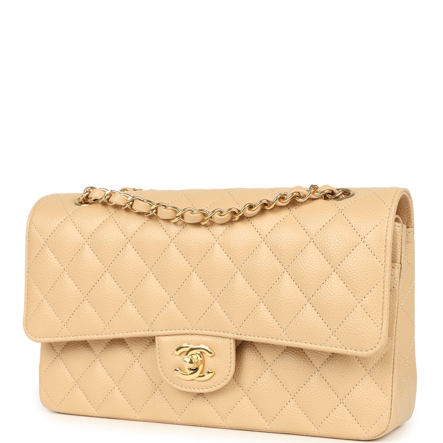Medium Classic Double Flap Beige Clair Caviar Gold Hardware