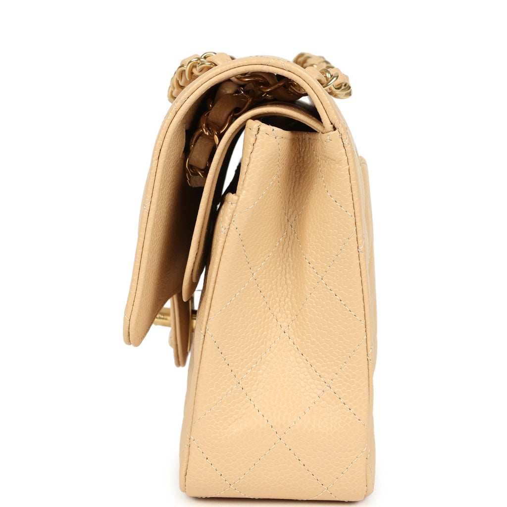 Medium Classic Double Flap Beige Clair Caviar Gold Hardware