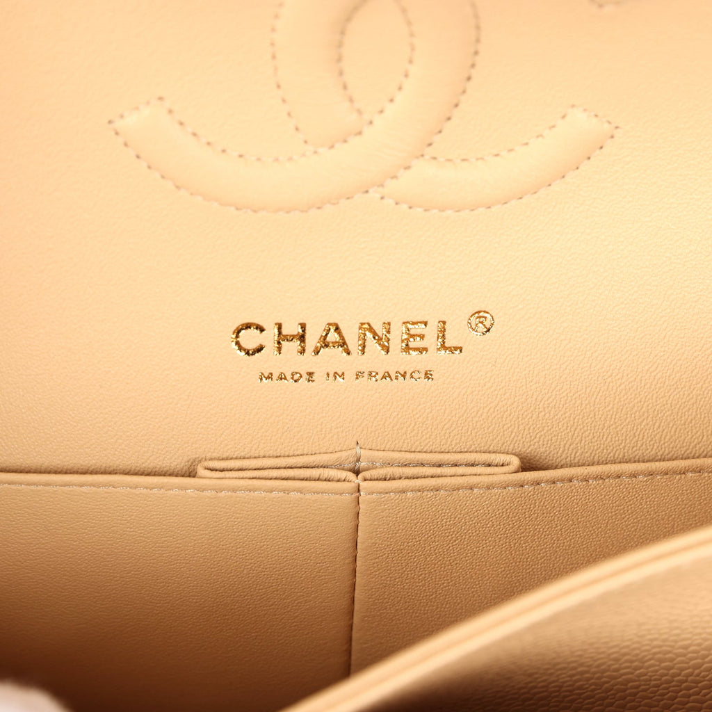 Medium Classic Double Flap Beige Clair Caviar Gold Hardware