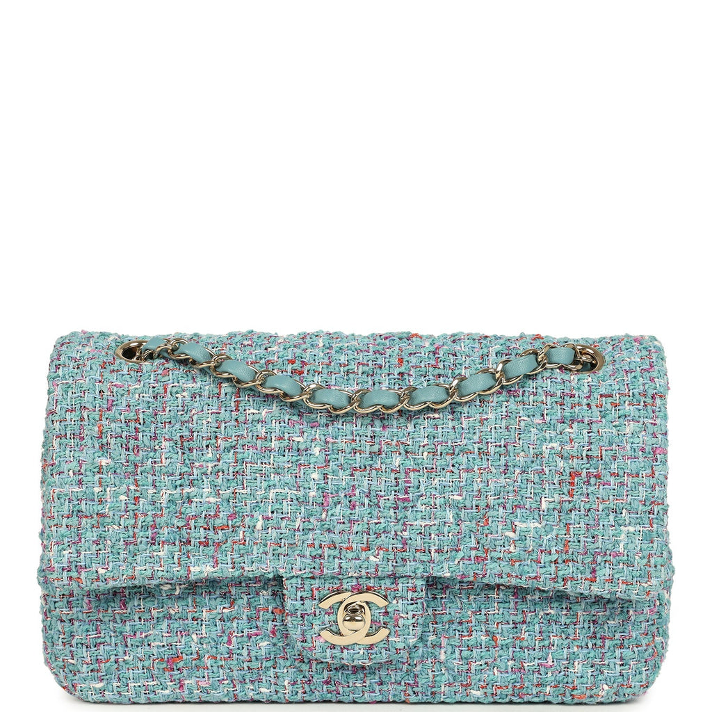 Medium Classic Double Flap Bag Blue Multi Tweed Light Gold Hardware