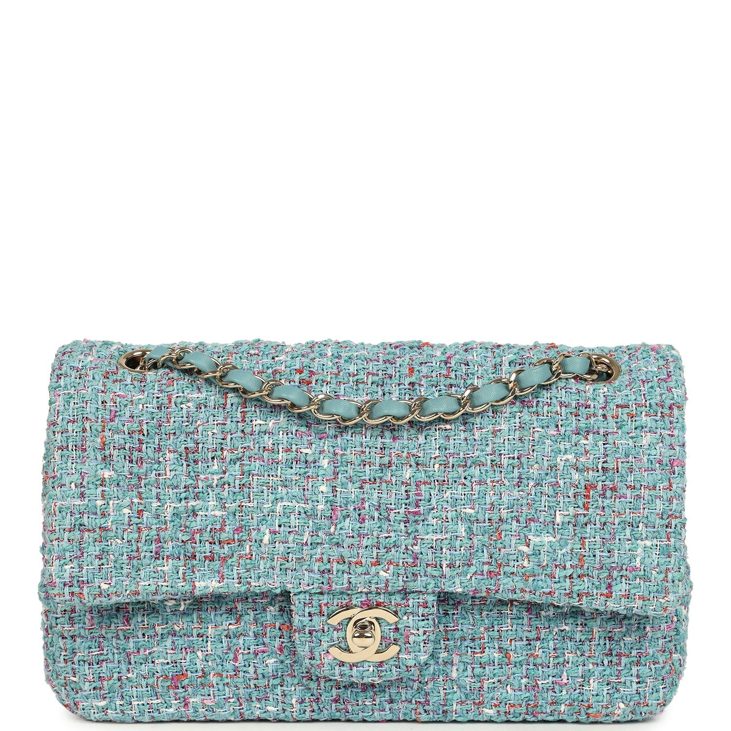 Medium Classic Double Flap Bag Blue Multi Tweed Light Gold Hardware