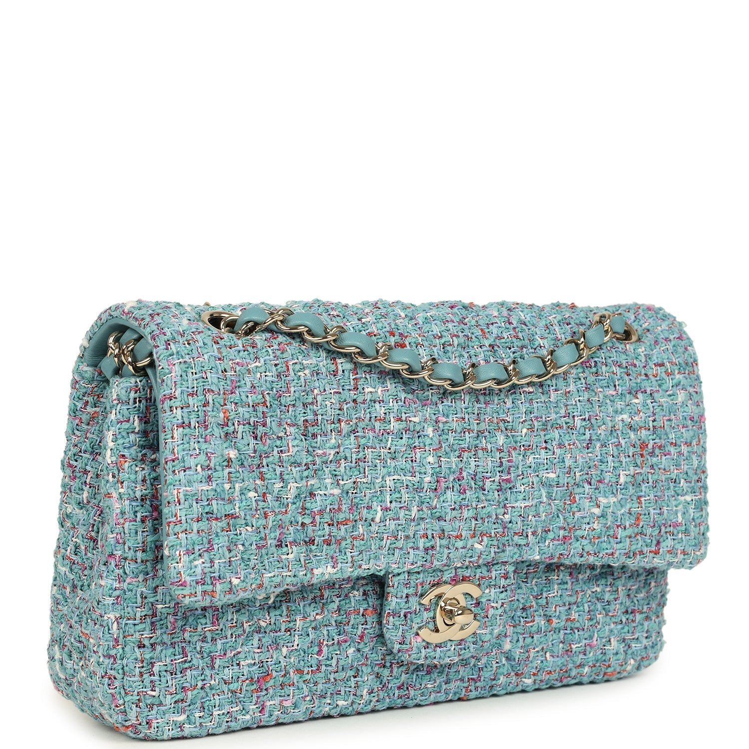 Medium Classic Double Flap Bag Blue Multi Tweed Light Gold Hardware