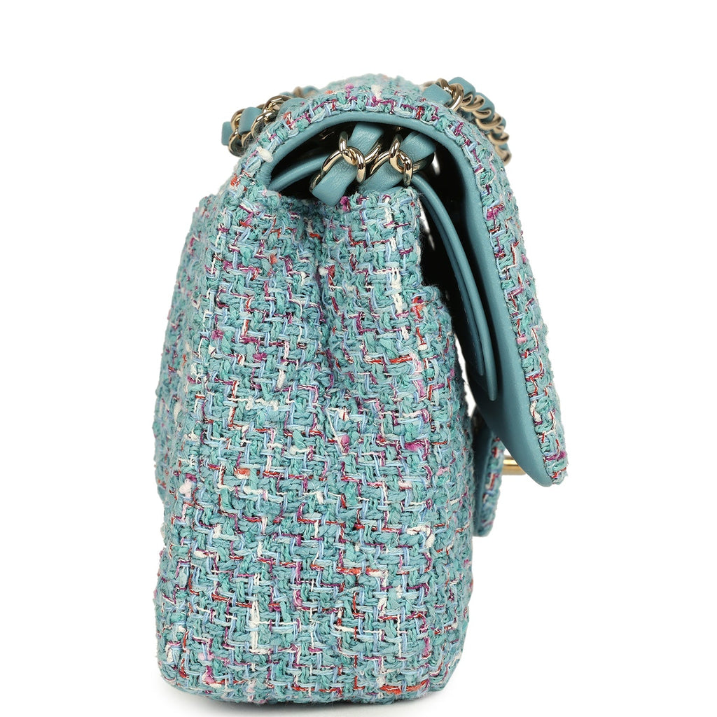 Medium Classic Double Flap Bag Blue Multi Tweed Light Gold Hardware