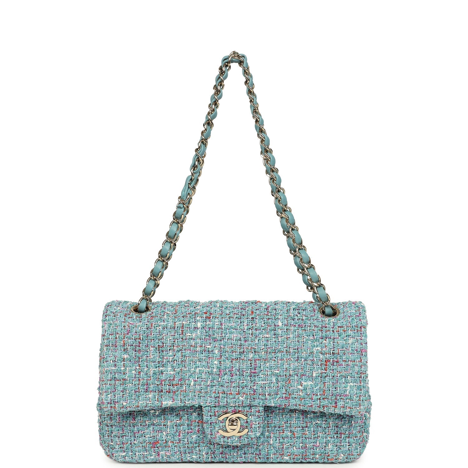 Medium Classic Double Flap Bag Blue Multi Tweed Light Gold Hardware