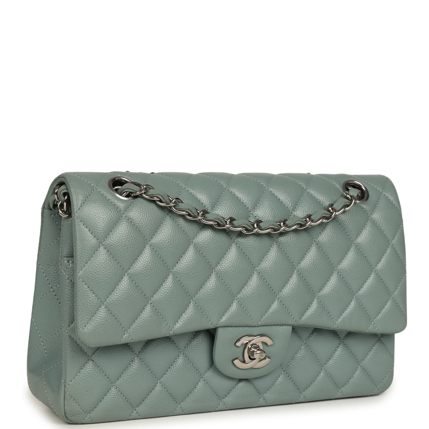 Medium Classic Double Flap Bag Blue Shiny Caviar Silver Hardware