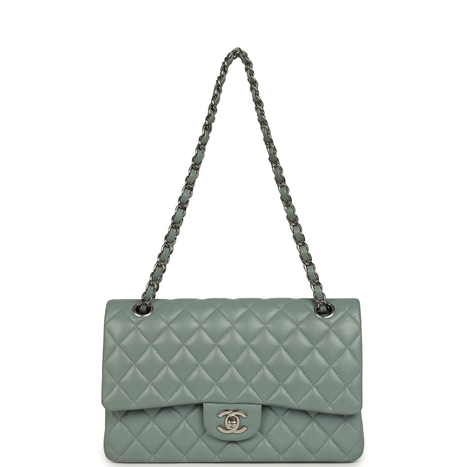 Medium Classic Double Flap Bag Blue Shiny Caviar Silver Hardware