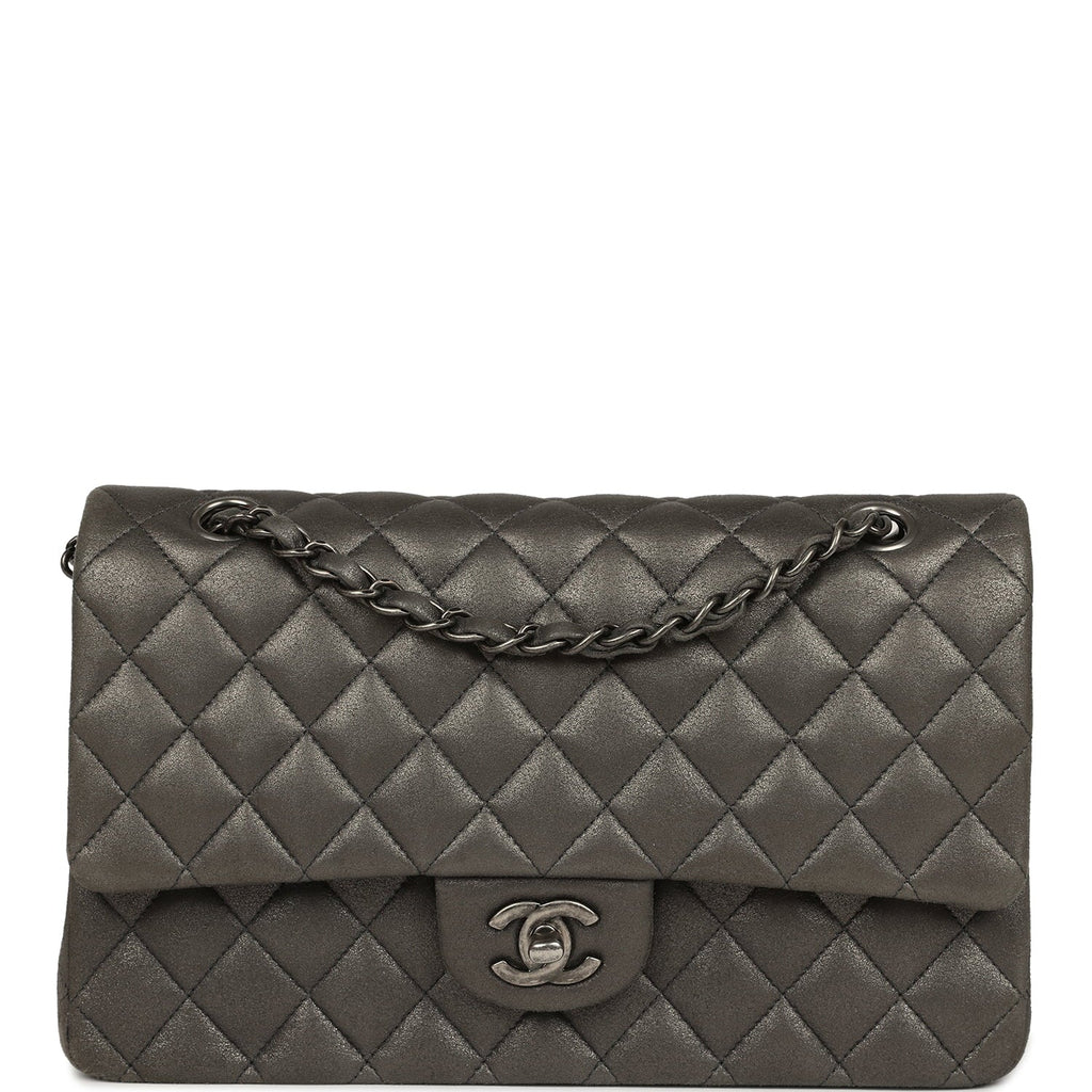 Medium Classic Double Flap Bag Charcoal Metallic Goatskin Aged Ruthenium Hardware