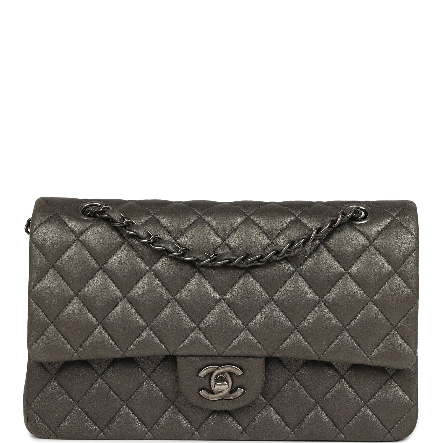 Medium Classic Double Flap Bag Charcoal Metallic Goatskin Aged Ruthenium Hardware