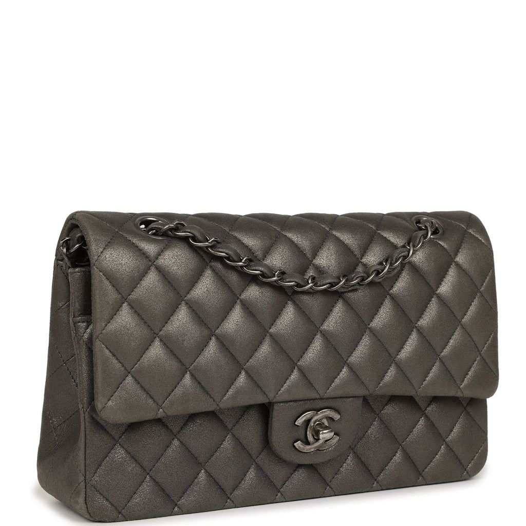 Medium Classic Double Flap Bag Charcoal Metallic Goatskin Aged Ruthenium Hardware
