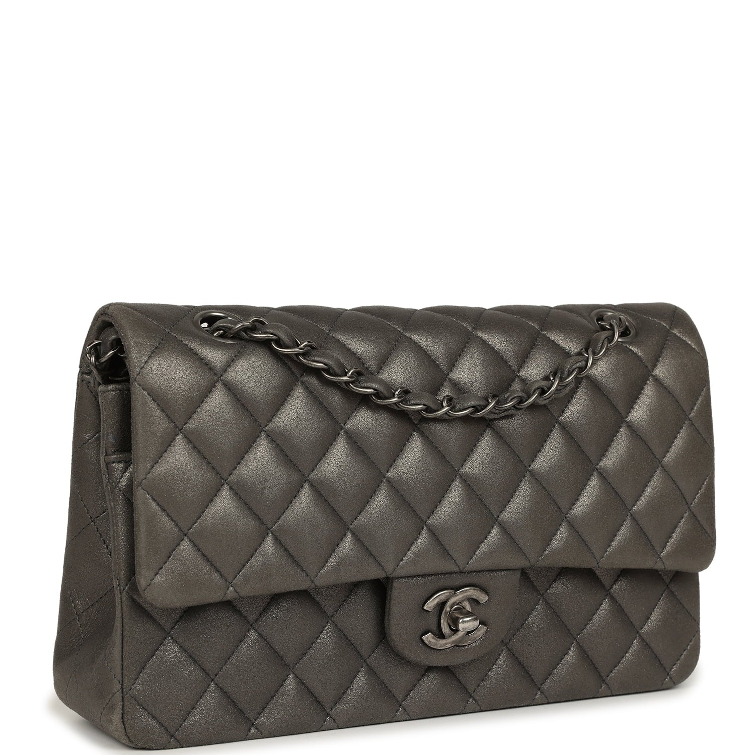 Medium Classic Double Flap Bag Charcoal Metallic Goatskin Aged Ruthenium Hardware