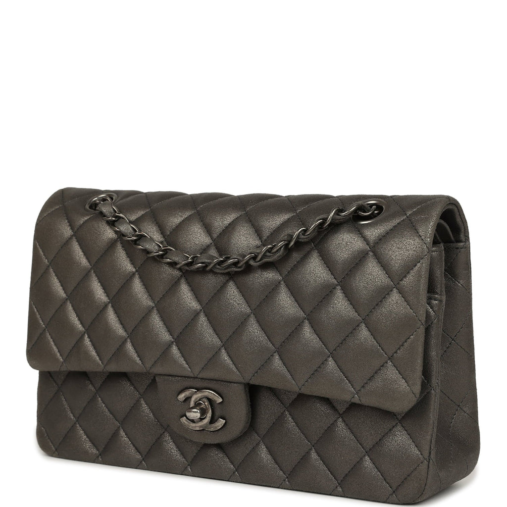 Medium Classic Double Flap Bag Charcoal Metallic Goatskin Aged Ruthenium Hardware