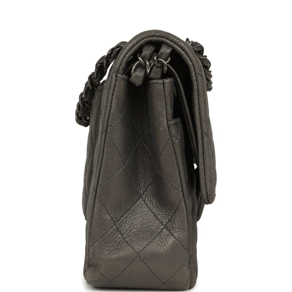 Medium Classic Double Flap Bag Charcoal Metallic Goatskin Aged Ruthenium Hardware