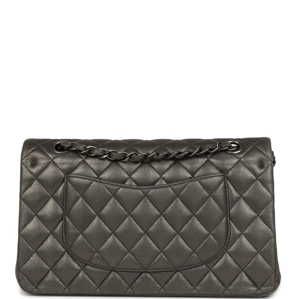 Medium Classic Double Flap Bag Charcoal Metallic Goatskin Aged Ruthenium Hardware