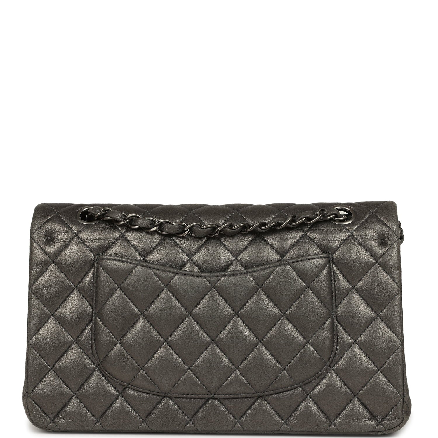Medium Classic Double Flap Bag Charcoal Metallic Goatskin Aged Ruthenium Hardware