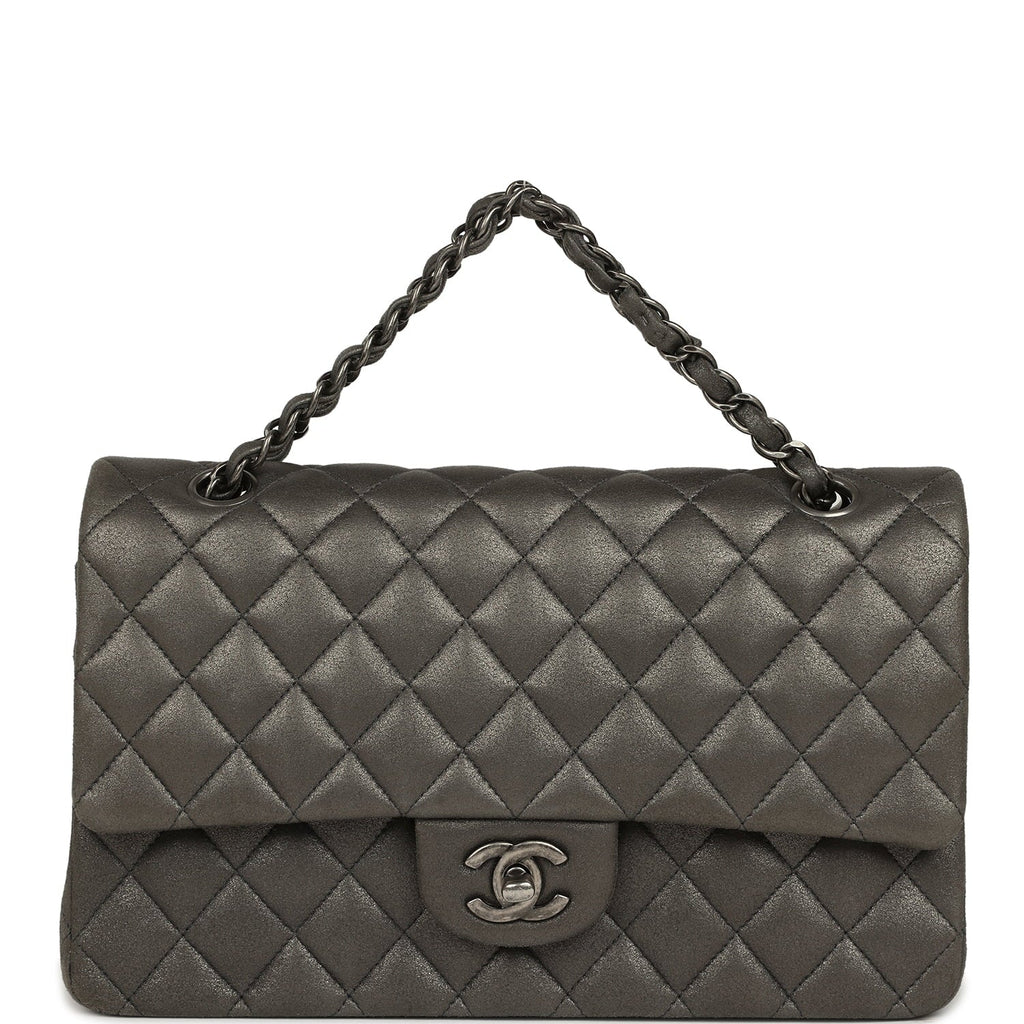 Medium Classic Double Flap Bag Charcoal Metallic Goatskin Aged Ruthenium Hardware