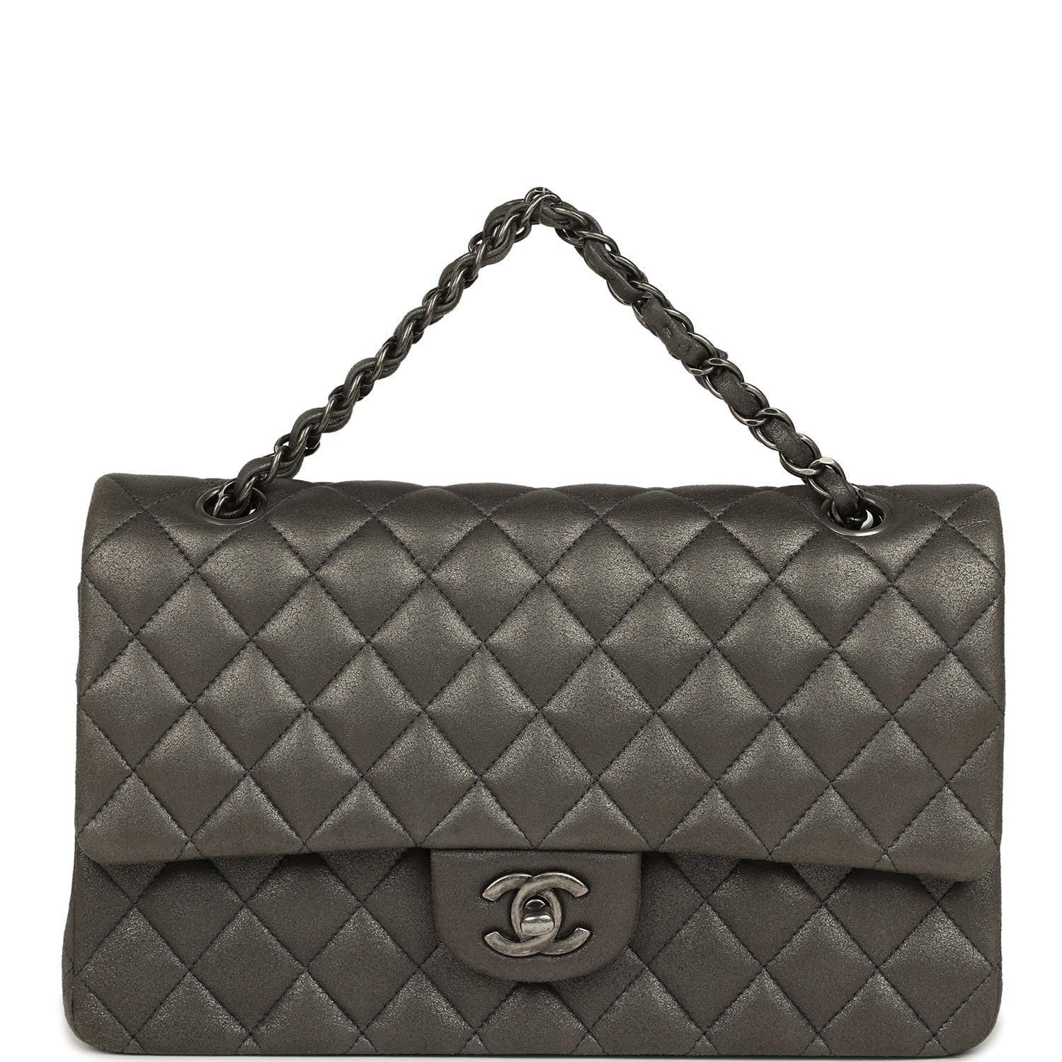 Medium Classic Double Flap Bag Charcoal Metallic Goatskin Aged Ruthenium Hardware