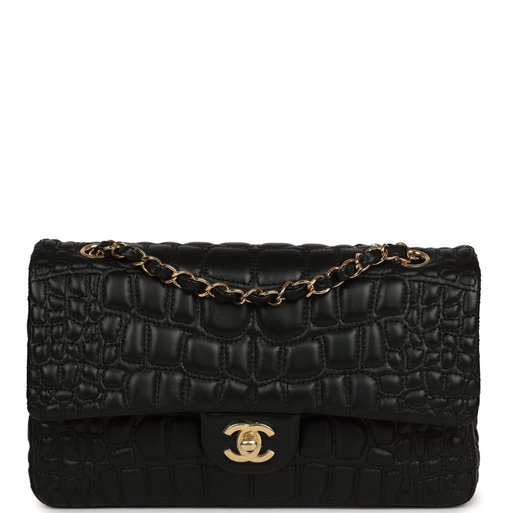 Medium Classic Croc Embossed Double Flap Bag Black Lambskin Gold Hardware