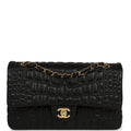 Medium Classic Croc Embossed Double Flap Bag Black Lambskin Gold Hardware