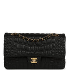 Medium Classic Croc Embossed Double Flap Bag Black Lambskin Gold Hardware