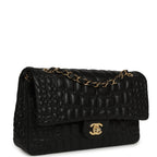 Medium Classic Croc Embossed Double Flap Bag Black Lambskin Gold Hardware